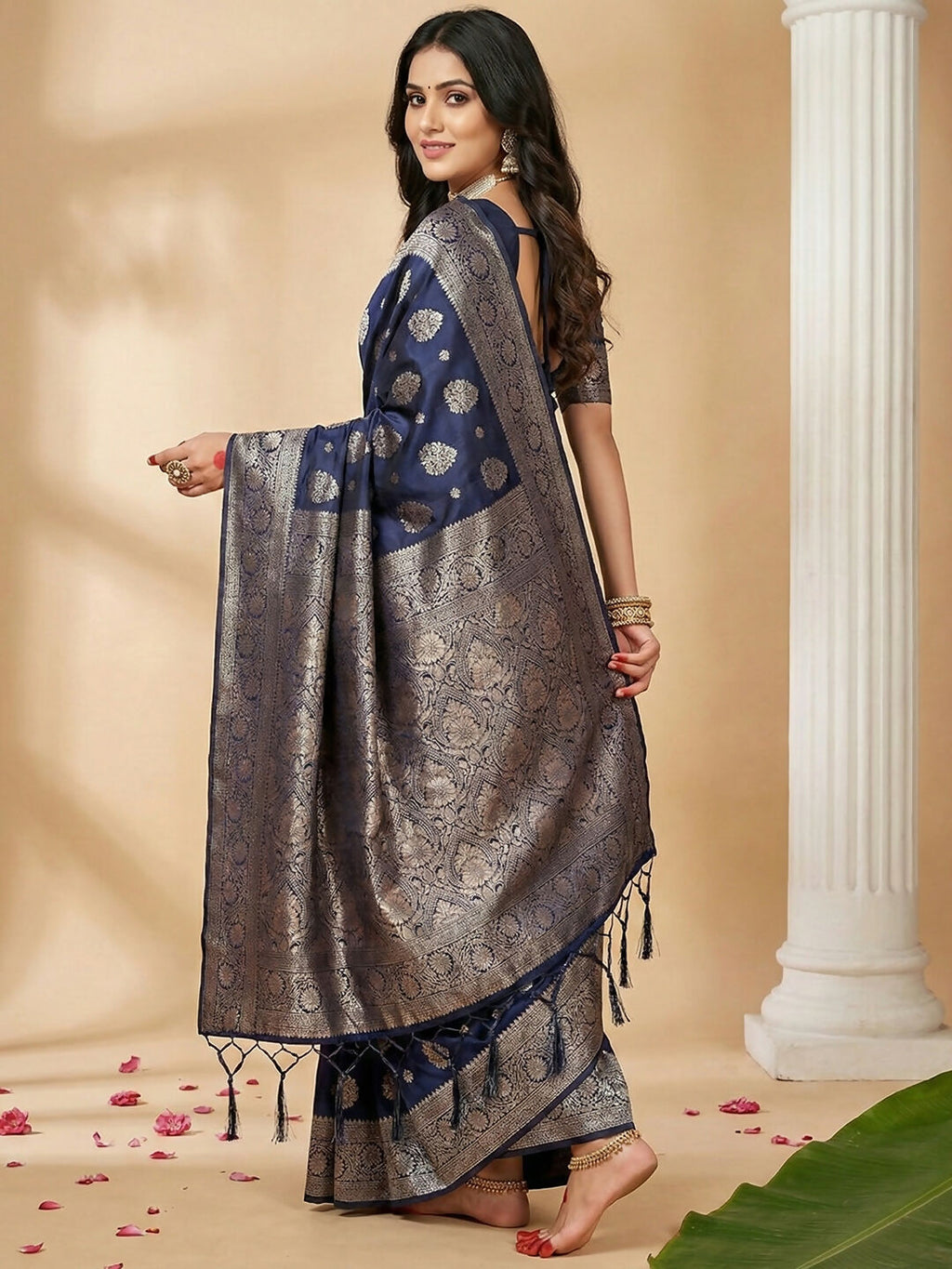 Shree Shyam Fashion Navy Blue Silk Blend Saree - Distacart