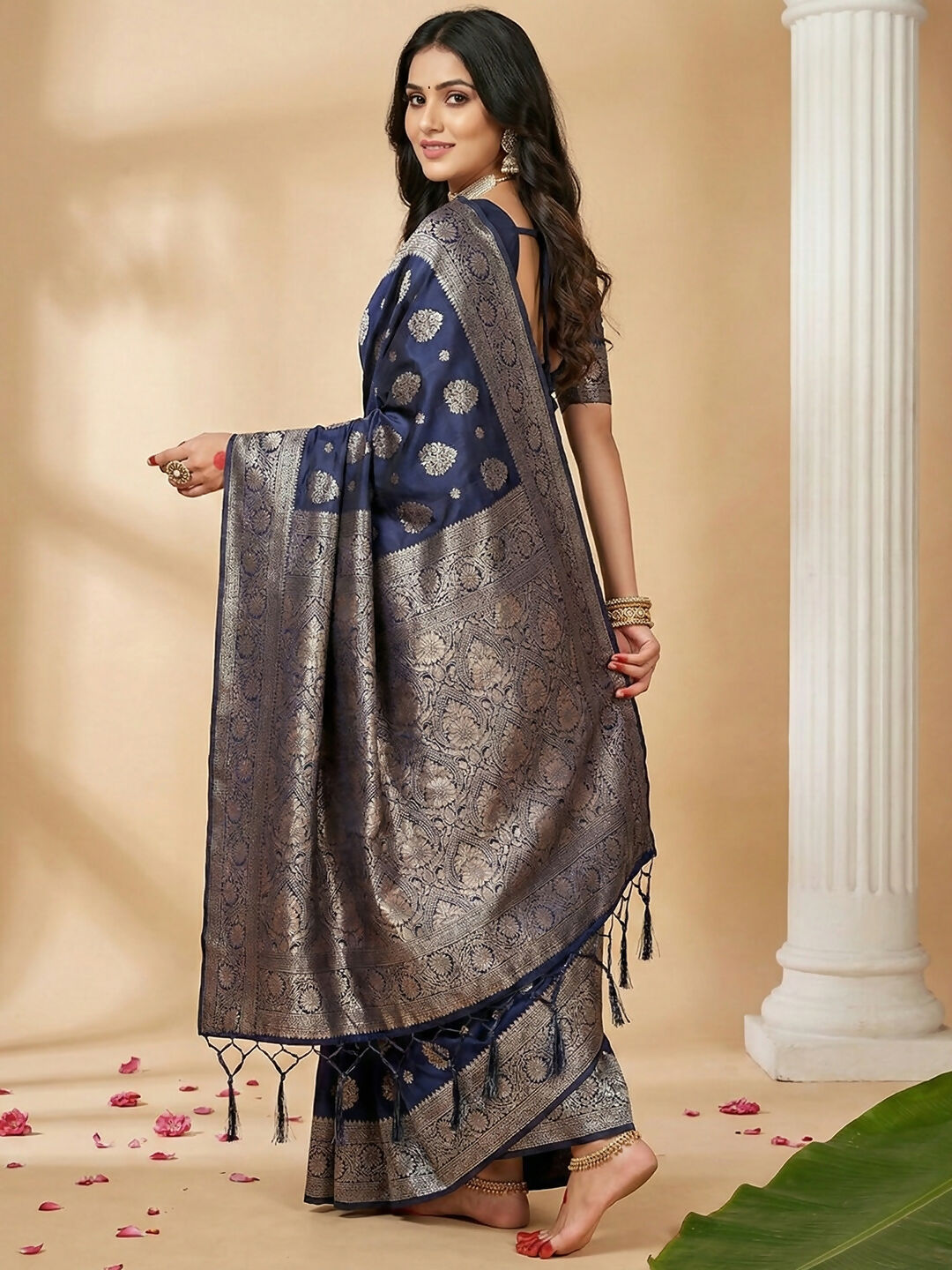 Shree Shyam Fashion Navy Blue Silk Blend Saree - Distacart