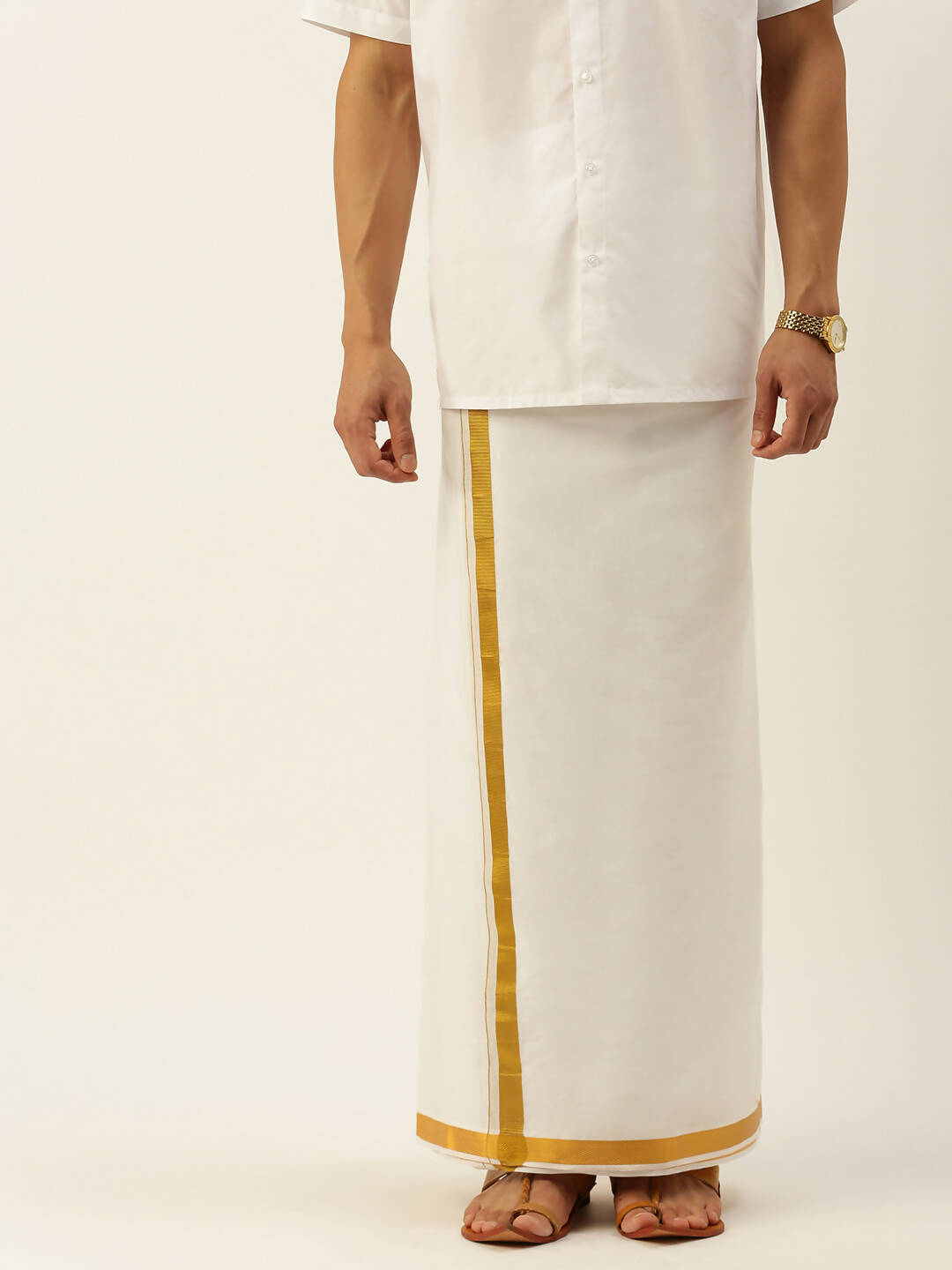 Ramraj Cotton Mens Pure Cotton 1 Inch Gold Jari Dhoti - Cream