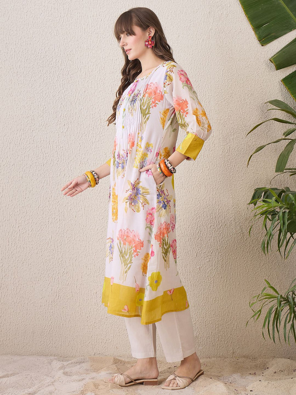 Indo Era Floral Printed Round Neck Pure Cotton Straight Kurta With Trouser - Distacart