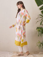 Indo Era Floral Printed Round Neck Pure Cotton Straight Kurta With Trouser - Distacart