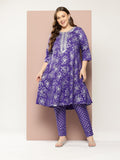 Sztori Plus Size Floral Printed Yoke Design Kurta with Trousers