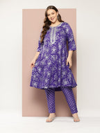 Sztori Plus Size Floral Printed Yoke Design Kurta with Trousers