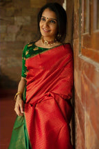 DEIANA'S Beautiful Designer Golden zari Soft Lichi Silk Saree - Red