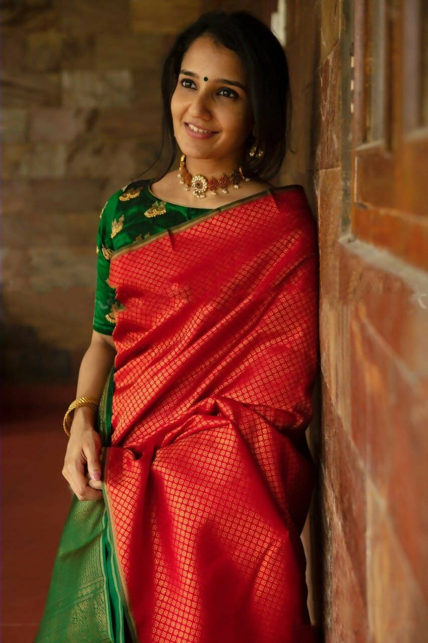 DEIANA'S Beautiful Designer Golden zari Soft Lichi Silk Saree - Red