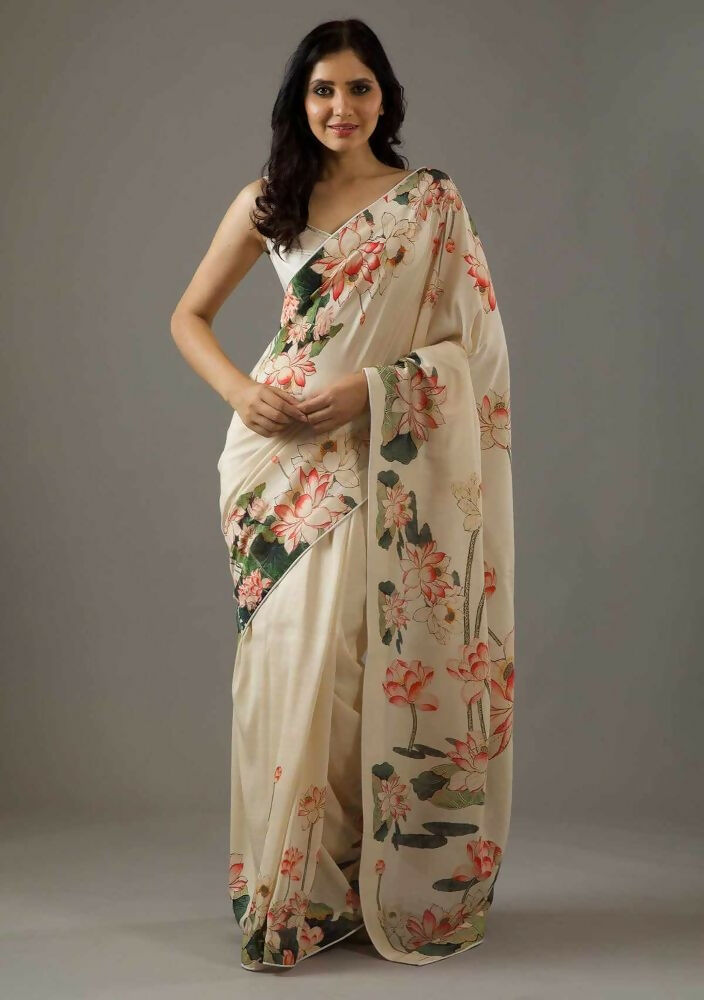 Cream Bright Moss Designer Digital Printed Party Wear Saree - Be Verly