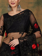 Sangria Black Floral Embroidered Saree - Distacart