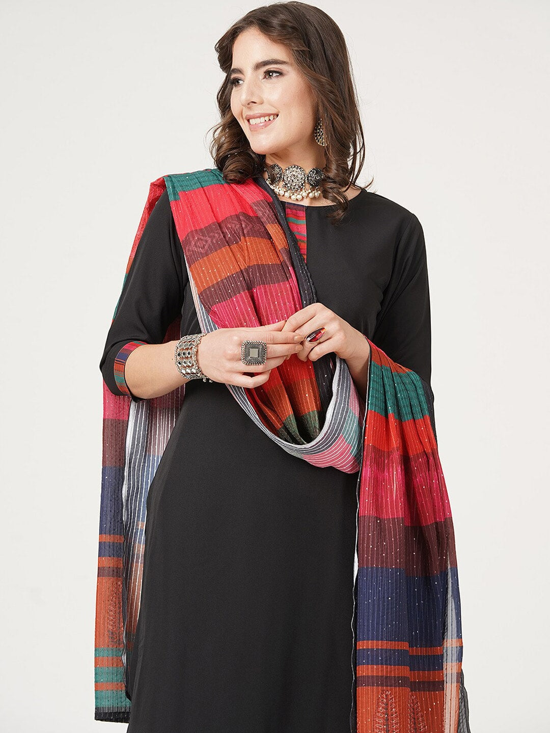 HERE&NOW Black And Red Straight Kurta with Trousers & With Dupatta