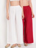 TAG 7 Women Set of 2 White & Red Solid Flared Palazzos