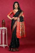 Jyoti Fashion Women's Black Paithani Silk Zari Woven Saree with Blouse