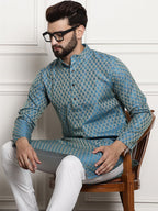 Sojanya Men Blue & Beige Ethnic Motif Printed Jacquard Silk Kurta