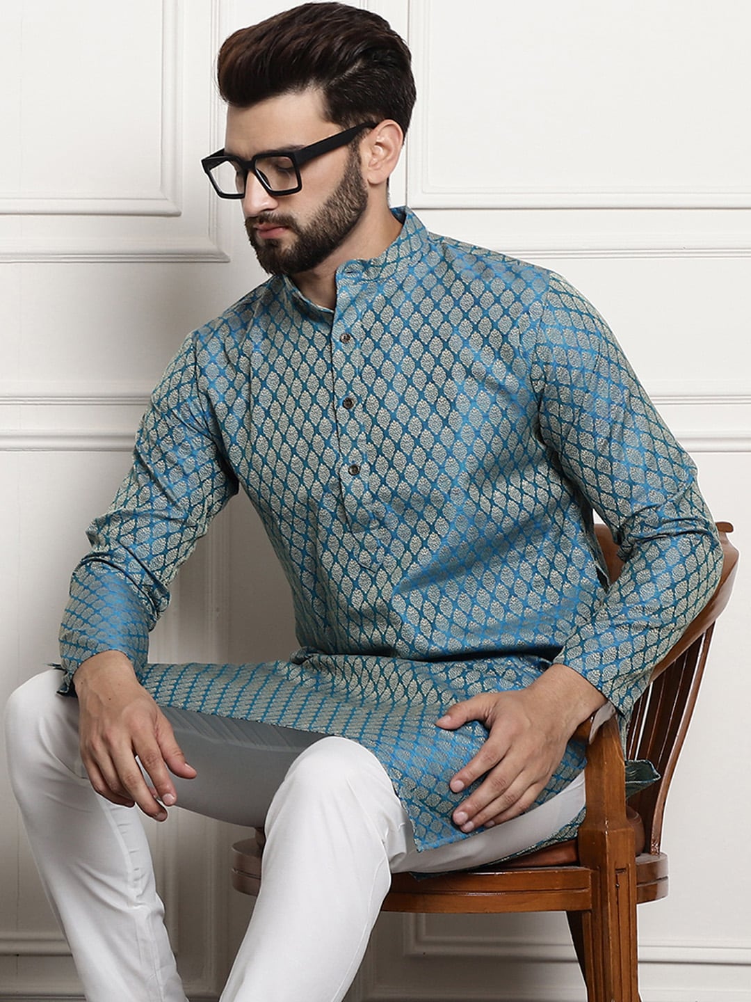 Sojanya Men Blue & Beige Ethnic Motif Printed Jacquard Silk Kurta