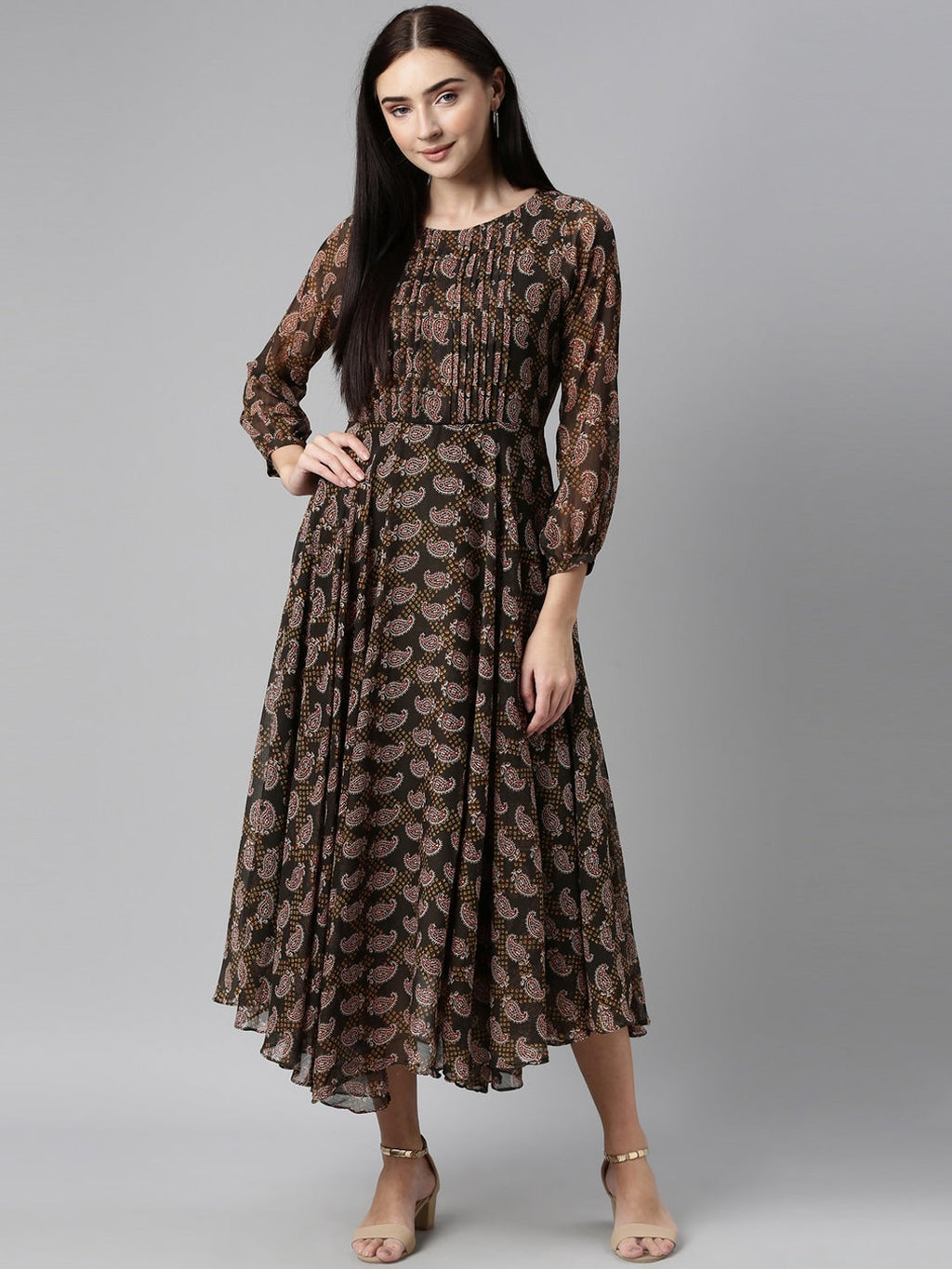 Souchii Olive Green & Red Ethnic Motifs Printed Chiffon A-Line Maxi Dress - Distacart