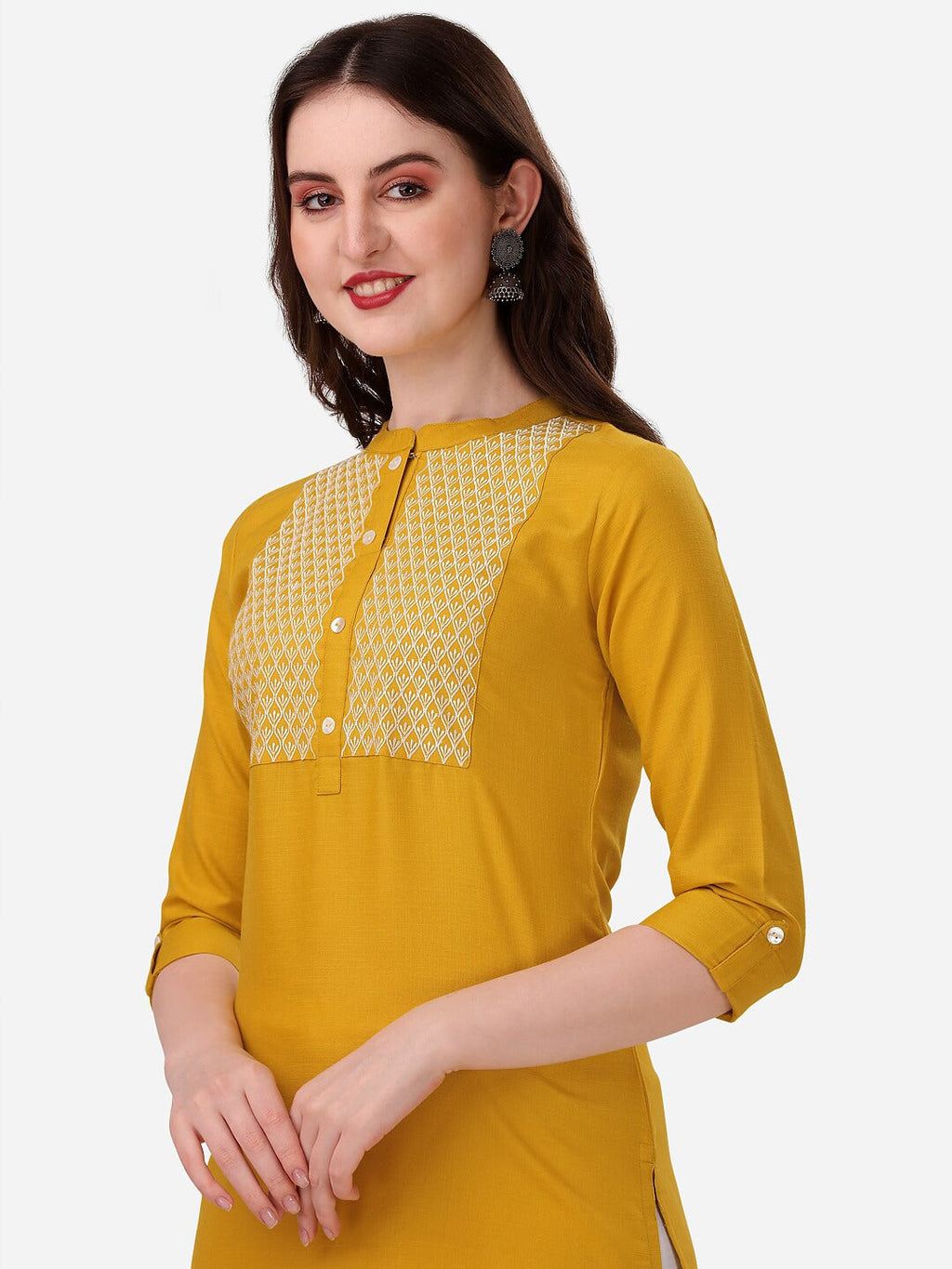 HERE&NOW Yoke Design Mandarin Collar Thread Work Cotton Kurta