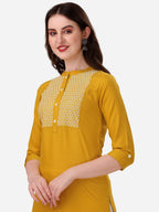 HERE&NOW Yoke Design Mandarin Collar Thread Work Cotton Kurta