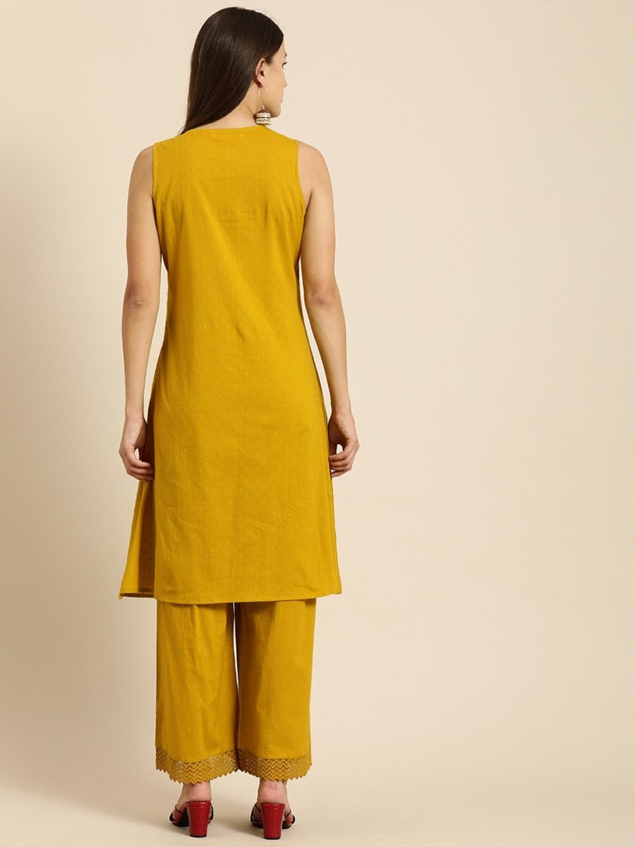 All About You Women Mustard Yellow Self Design Pure Cotton A-Line Kurta with Palazzos