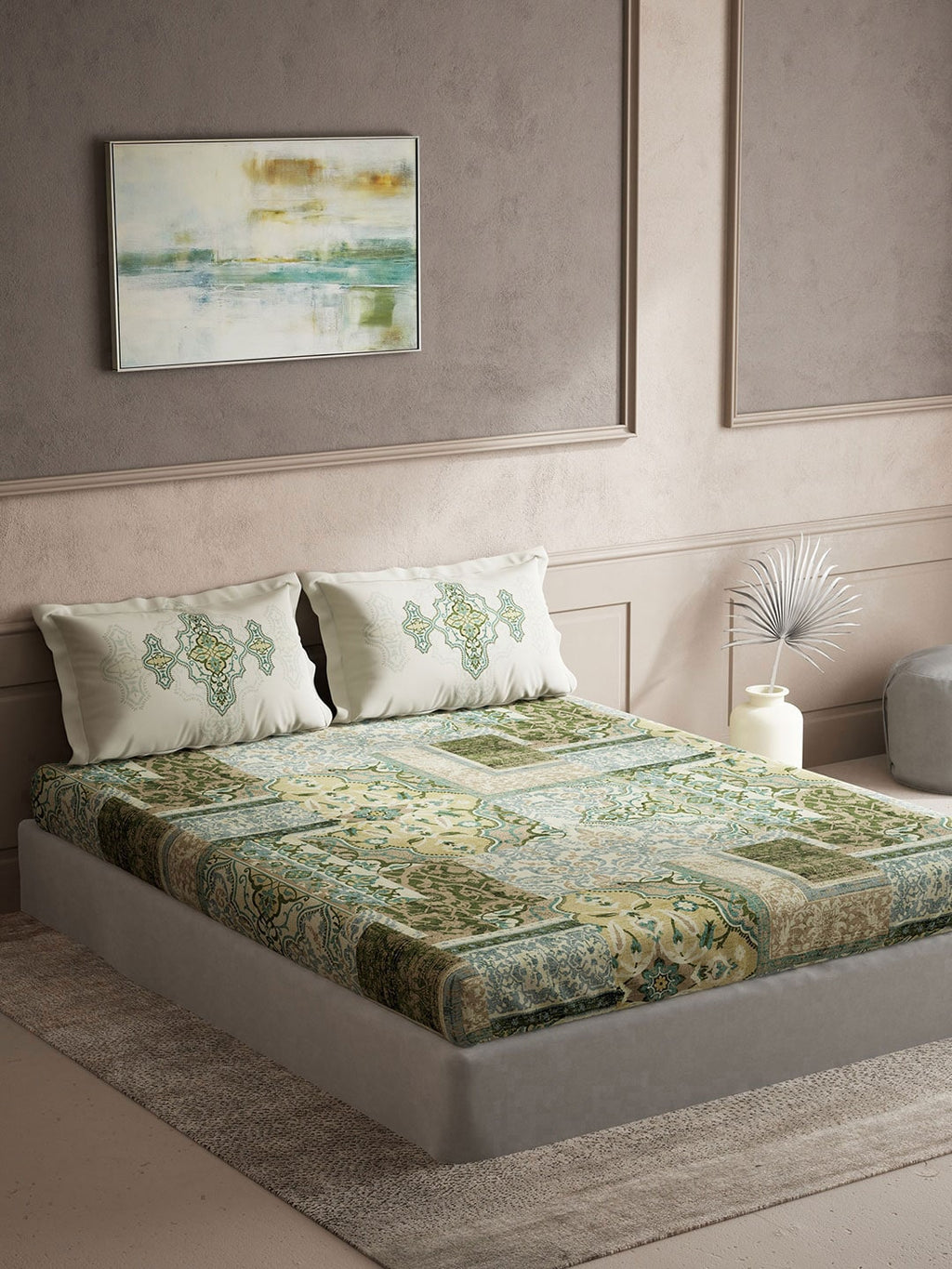 DDecor Green & White Ethnic Motifs Cotton 140 TC King Bedsheet with 2 Pillow Covers - Distacart