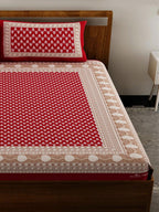 UNIQCHOICE Red & White Ethnic Motifs Pure Cotton 120 TC Queen Bedsheet & 2 Pillow Covers