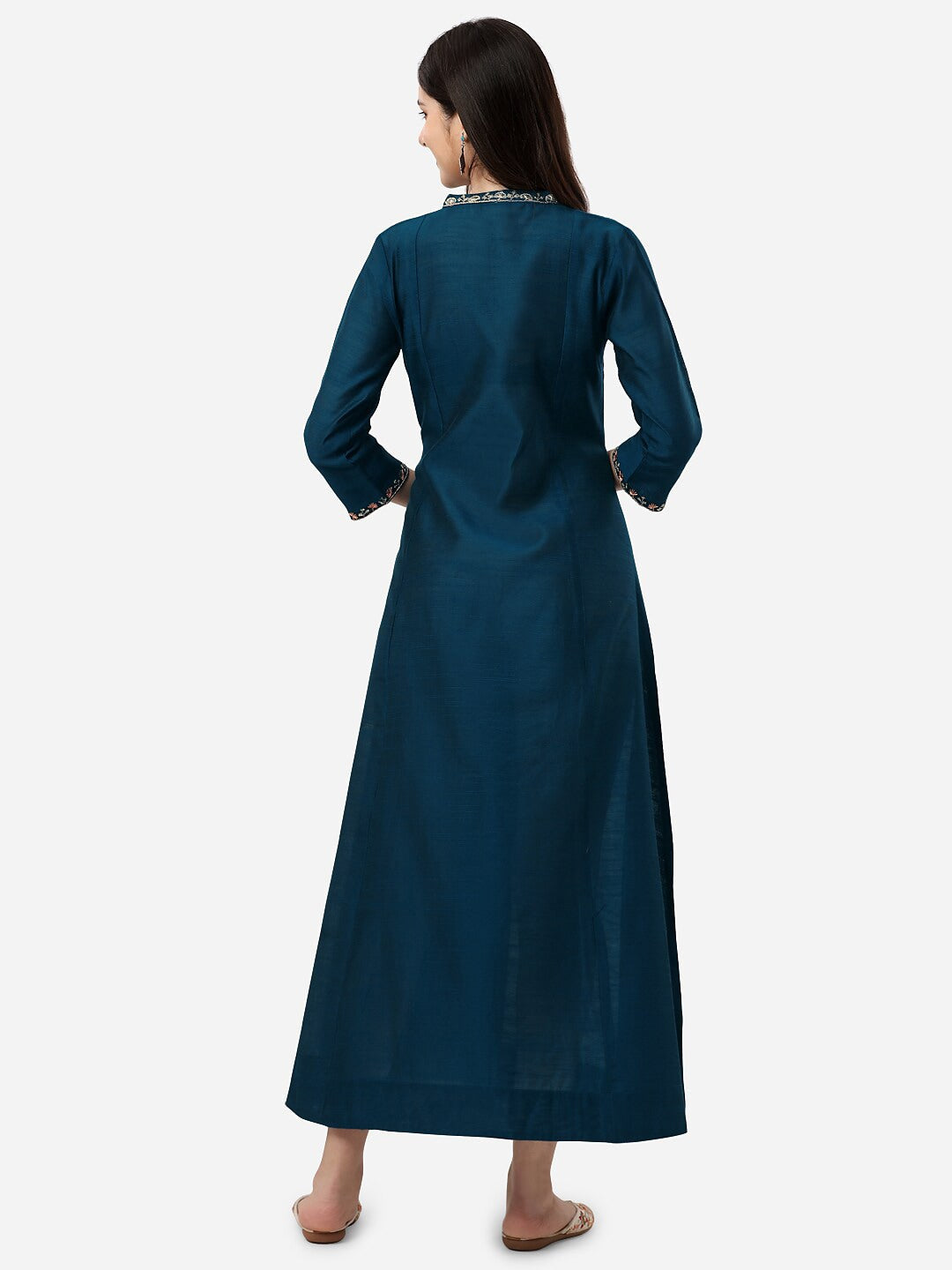HERE&NOW Mandarin Collar Floral Embroidered A-Line Regular Fit Silk Kurta