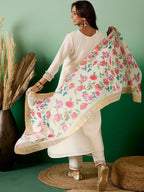 Sangria Off White Floral Embroidered Zari Sequence A-Line Kurta With Trouser & Dupatta