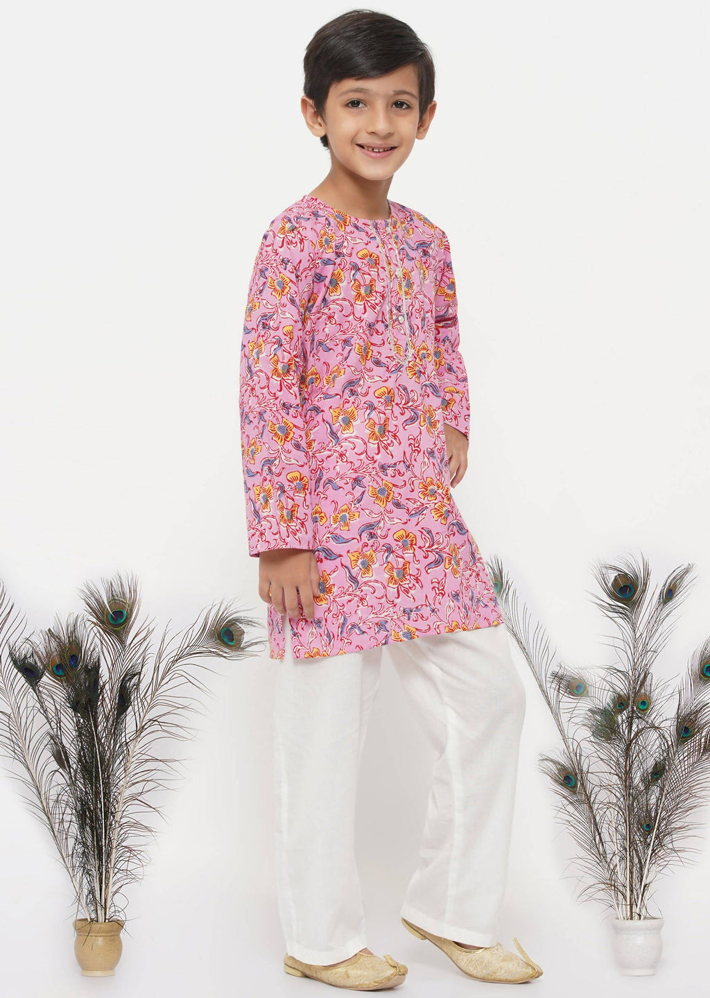 Little Bansi Boys Cotton Block Print Floral Kurta with Pearl Buttons & Pyjama in Pink & Cream
