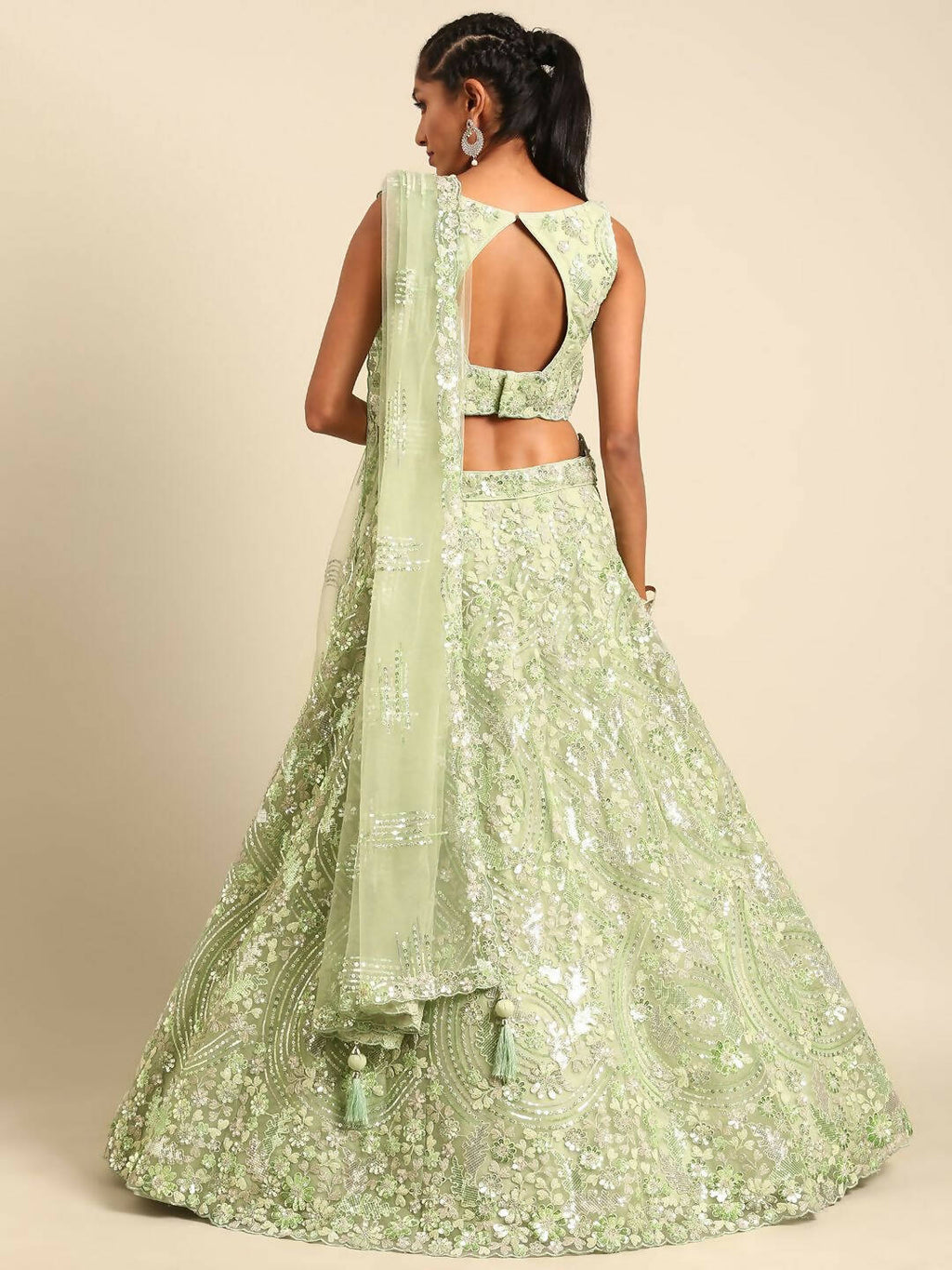 House of Panchhi Lime Green Net Sequins and Zarkan embroidery Lehenga choli & Dupatta