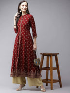Yufta Women Maroon & Gold Floral Printed Kurta