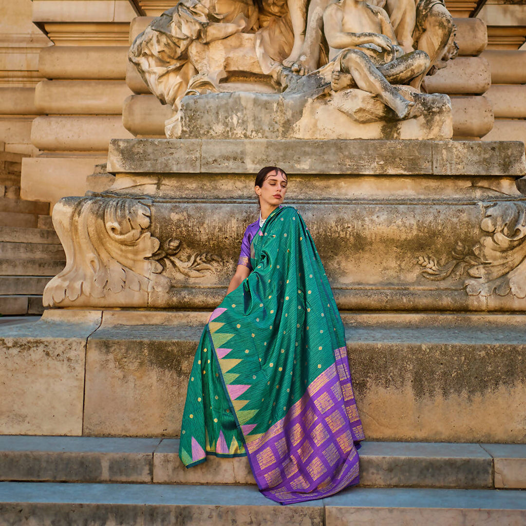 Teal Green Handloom Khaddi Silk Saree With Contrast Pallu & Blouse - Rajtex Khwaab Silk