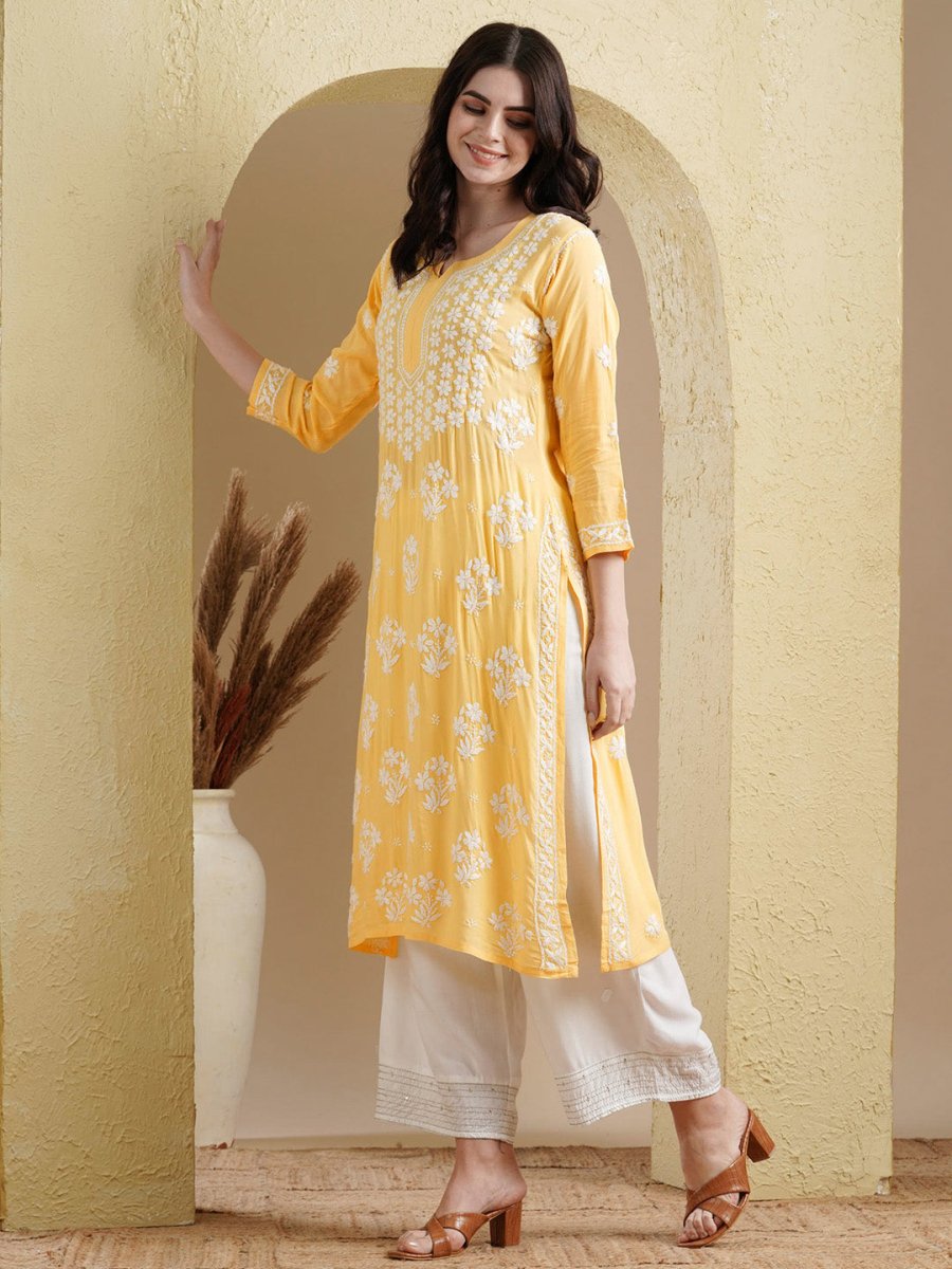 ADA Floral Lucknowi Chikankari Straight Kurta