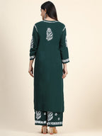 HOUSE OF KARI Women Green Floral Embroidered Chikankari Kurta with Palazzos