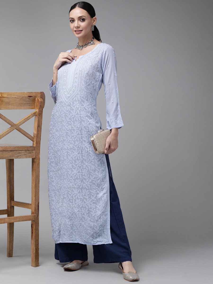ADA Women Blue & Blue Ethnic Motifs Embroidered Chikankari Georgette Kurta