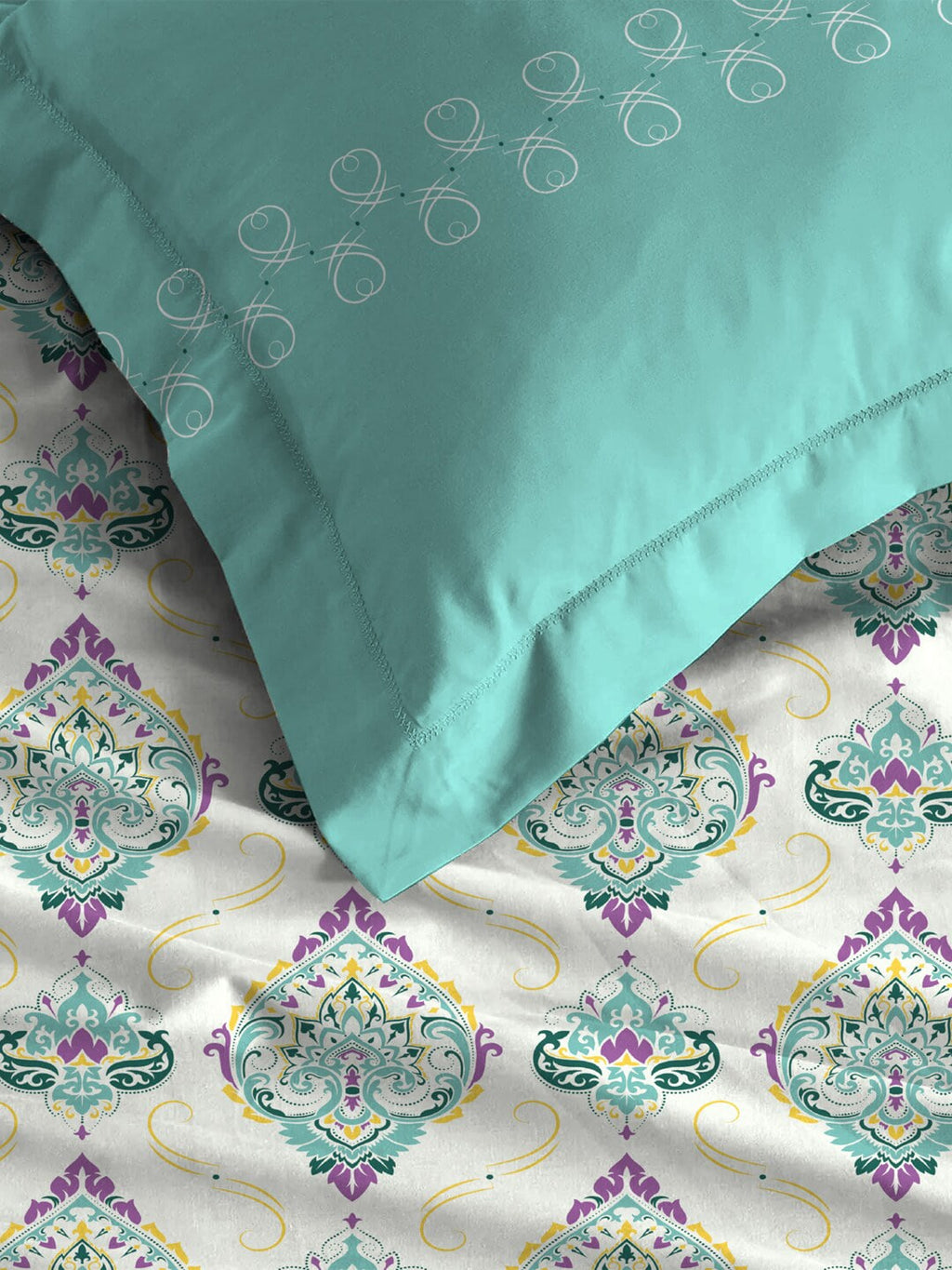 MYTRIDENT Moments White Blue Ethnic Motifs Pure Cotton 120 TC Bedsheet 2 Pillow Covers