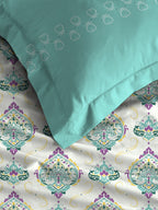 MYTRIDENT Moments White Blue Ethnic Motifs Pure Cotton 120 TC Bedsheet 2 Pillow Covers