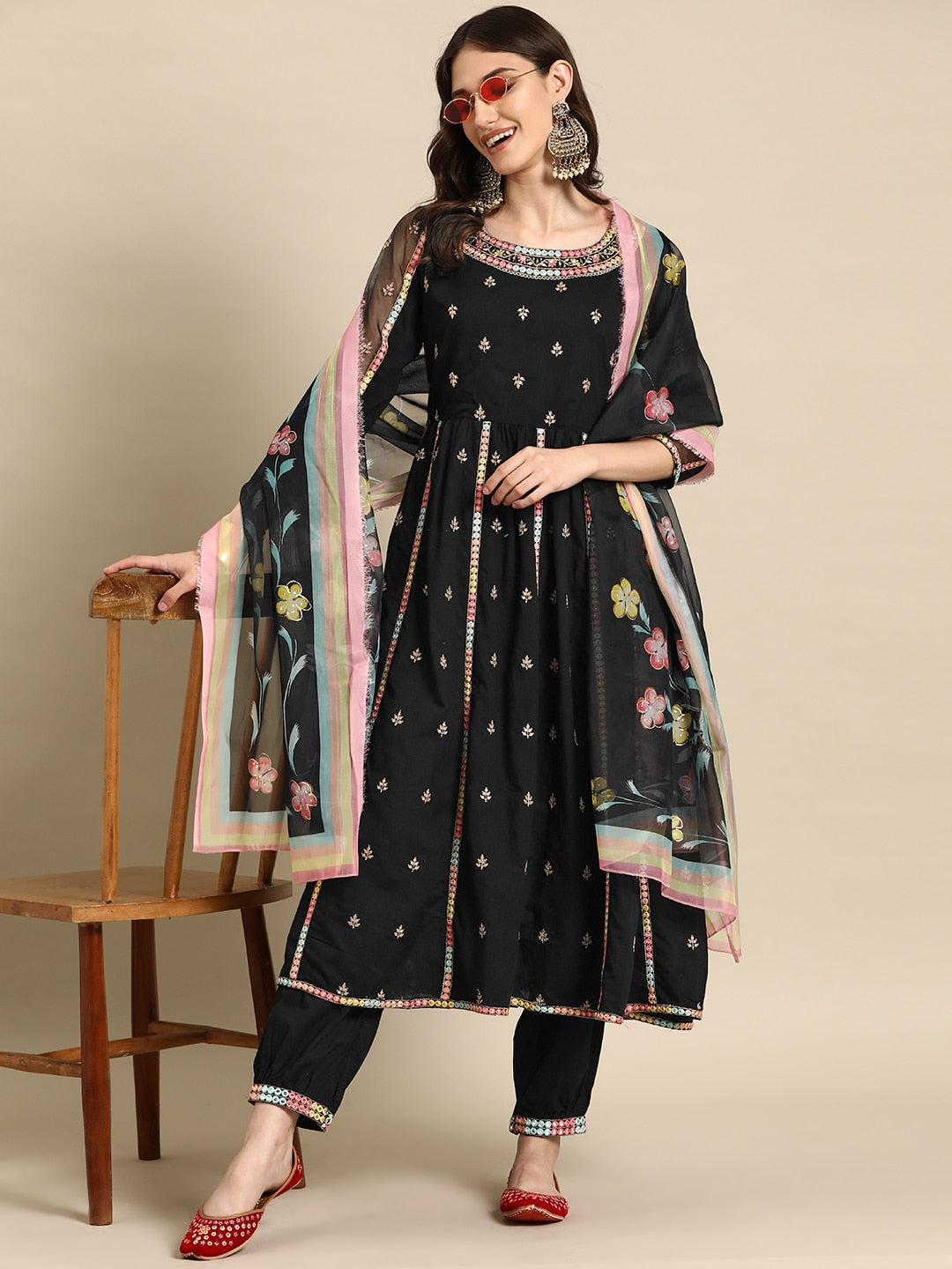 Sangria Women Embroidered Mirror Work Pure Cotton Kurta with Trousers & With Dupatta