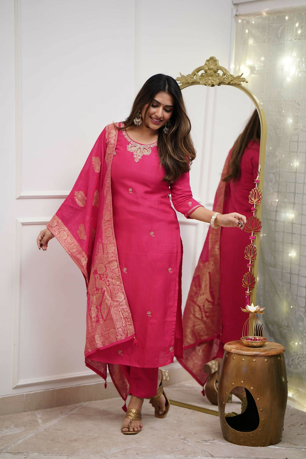 The52 Gajri Women's Gorgeous Embroidered Viscose Chanderi Fabric Straight Kurta Pant with Dupatta Set - Distacart