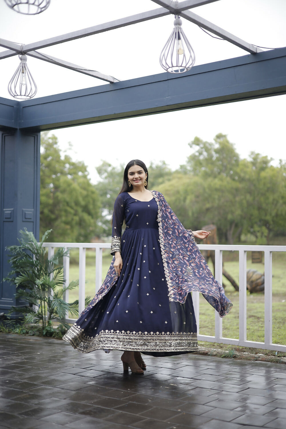 Aayaa Designer Embroidery Zari Sequins-Work Faux Blooming Georgette Suit - Navy Blue - Distacart