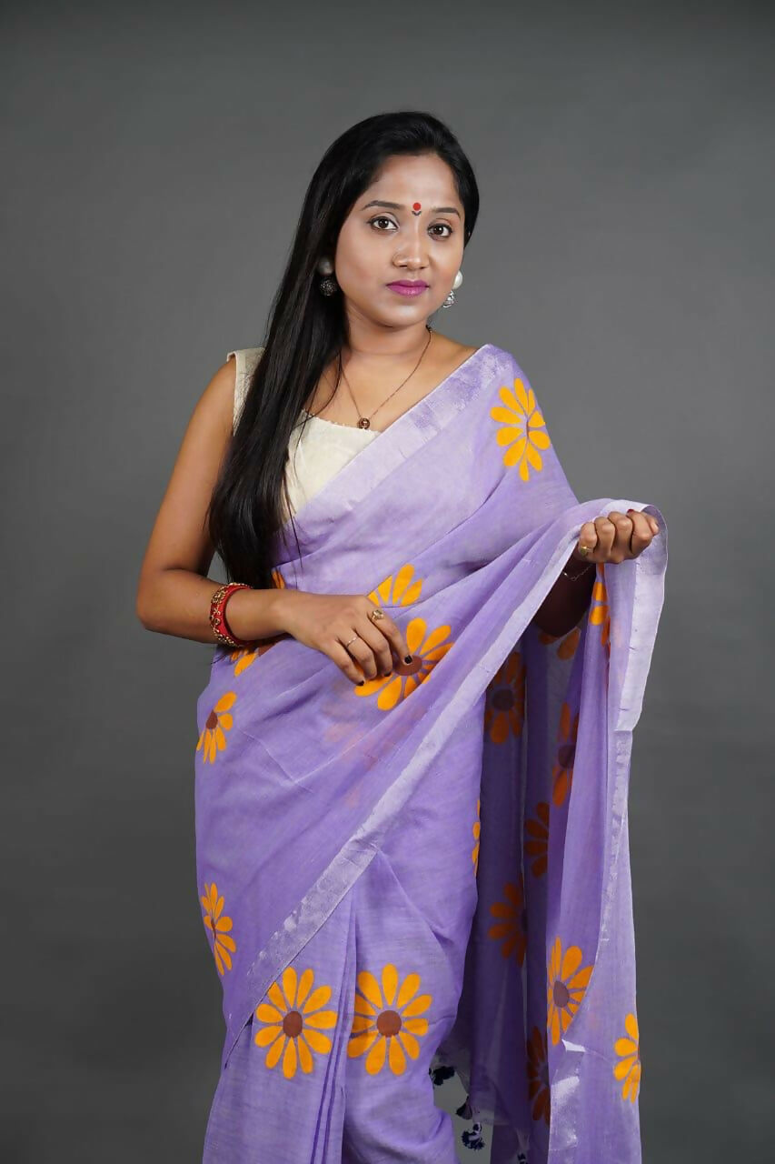 Exclusive Collection Light Violet Pure Cotton Saree With Sunflower Design - Distacart