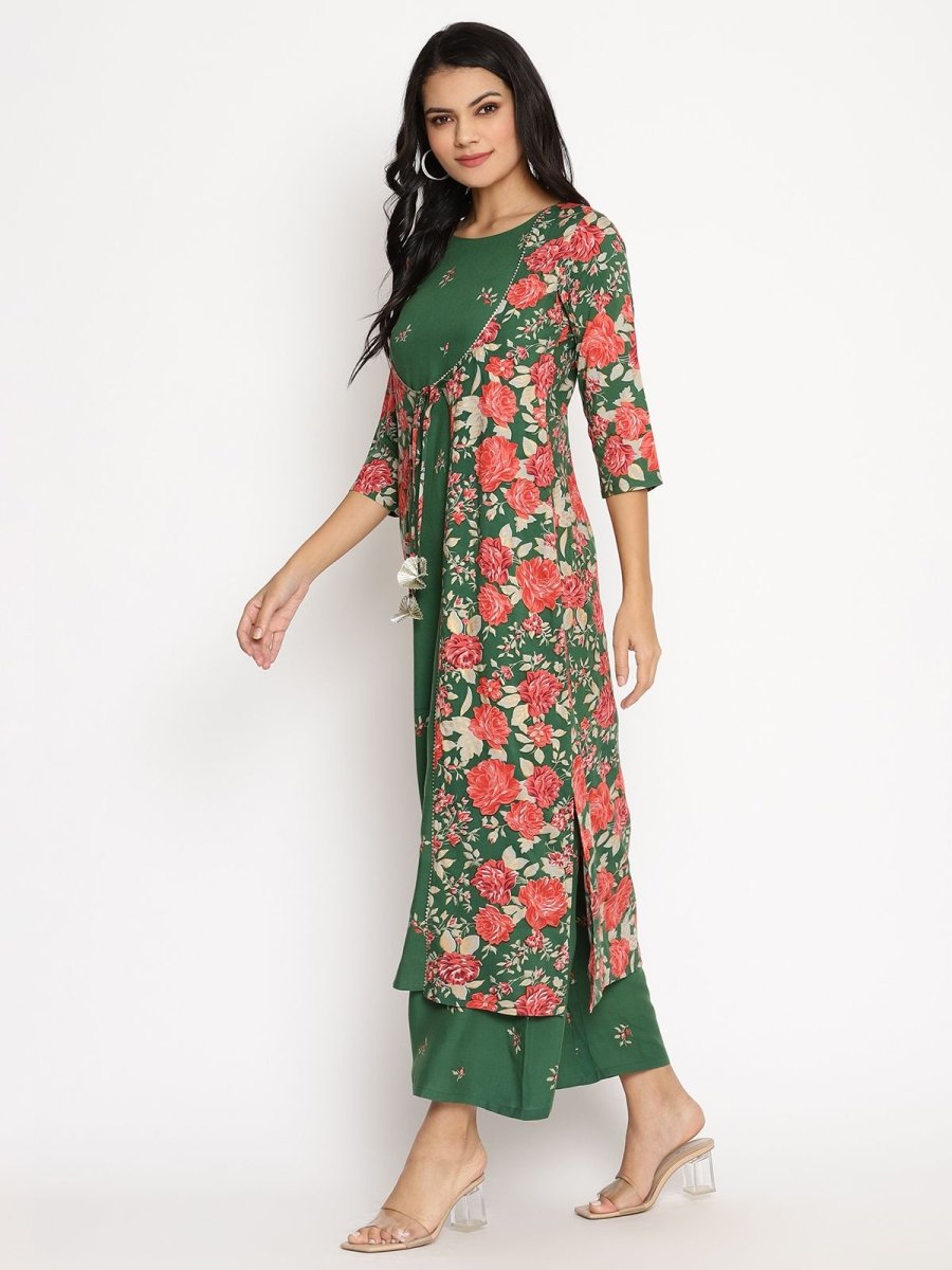 Ahalyaa Women's Green Rayon Printed Kurta Palazzo Set