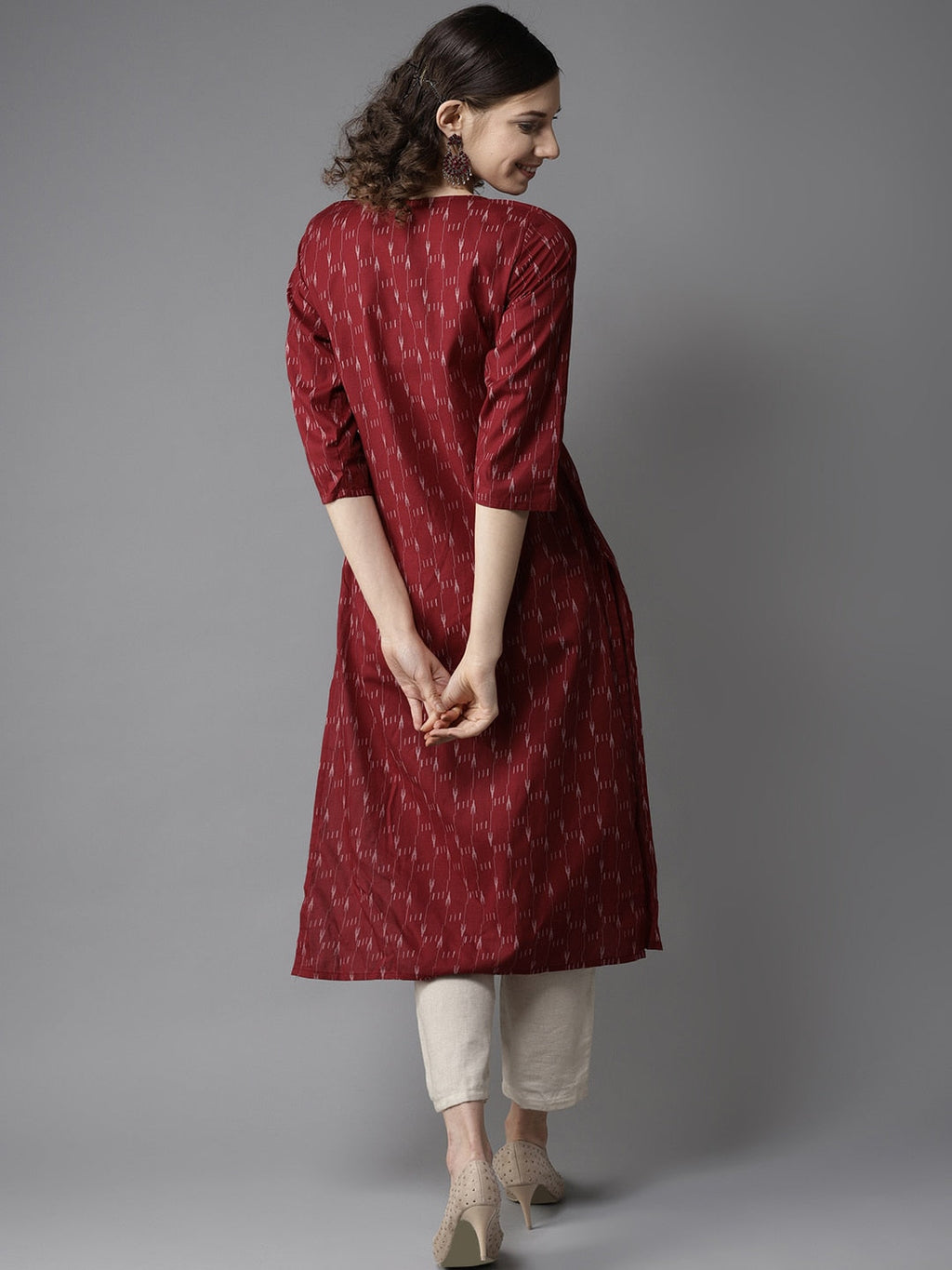 HERE&NOW Women Maroon & Off-White Printed Straight Kurta