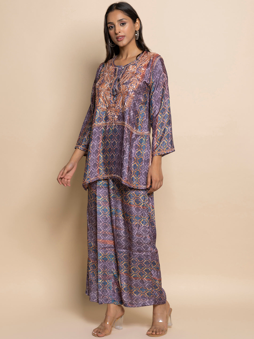 HOUSE OF KARI Floral Embroidered Regular Chikankari Straight Kurta with Palazzos