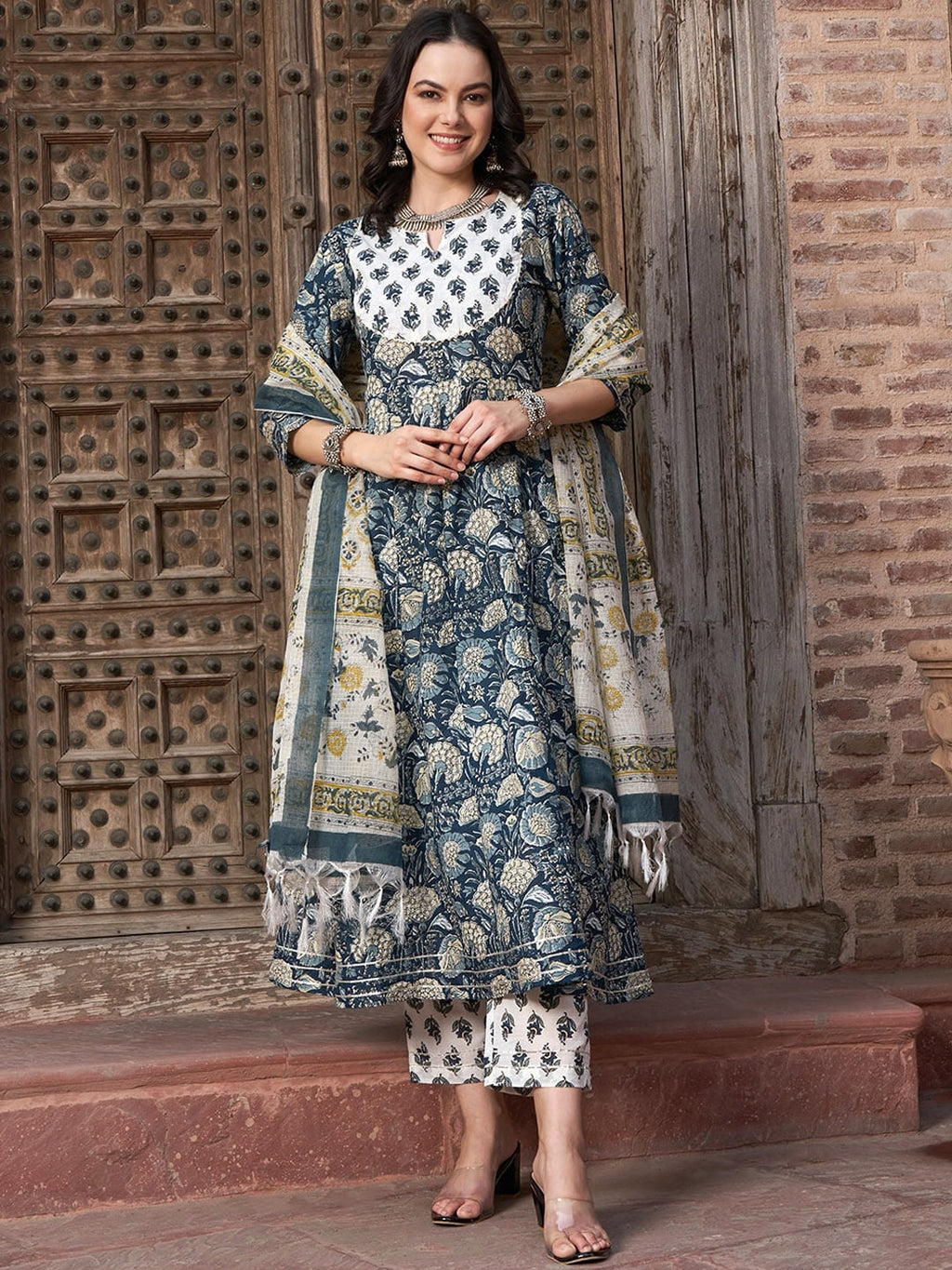 Sangria Navy Blue Floral Printed Pure Cotton Anarkali Kurta With Trouser & Dupatta
