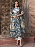 Sangria Navy Blue Floral Printed Pure Cotton Anarkali Kurta With Trouser & Dupatta