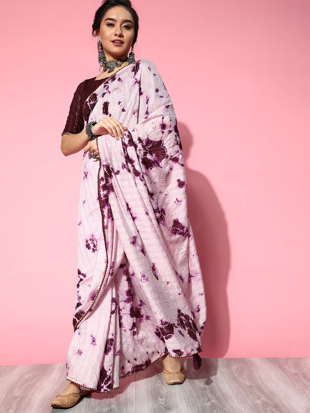 Saree Mall Purple & White Tie and Dye Silk Blend Saree with Unstitched Blouse Piece - Distacart