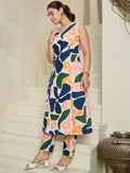 Indo Era Floral Printed V-Neck Sleeveless Pure Cotton A-Line Kurta With Trousers - Distacart