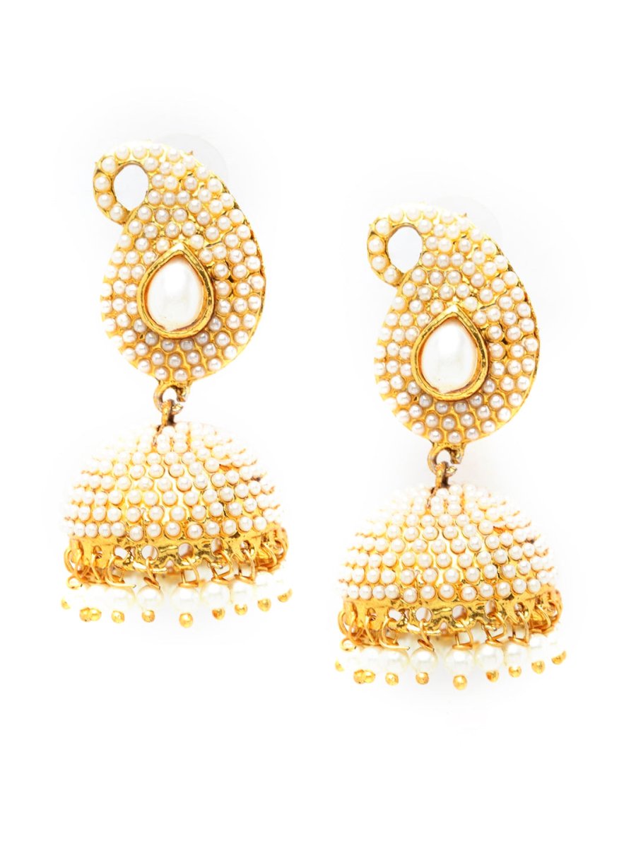 Anikas Creation Off-White & Gold-Polished Contemporary Jhumkas