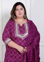 Miravan Plus Size Magenta Embroidered Cotton Kurta With Palazzo And Dupatta - Distacart