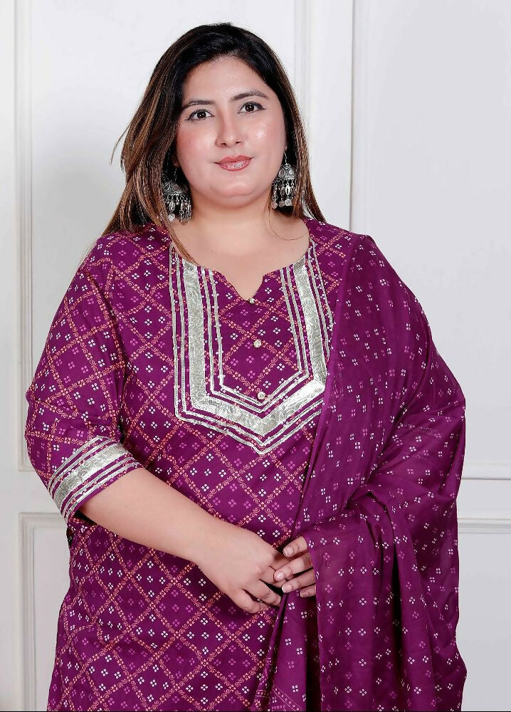 Miravan Plus Size Magenta Embroidered Cotton Kurta With Palazzo And Dupatta - Distacart