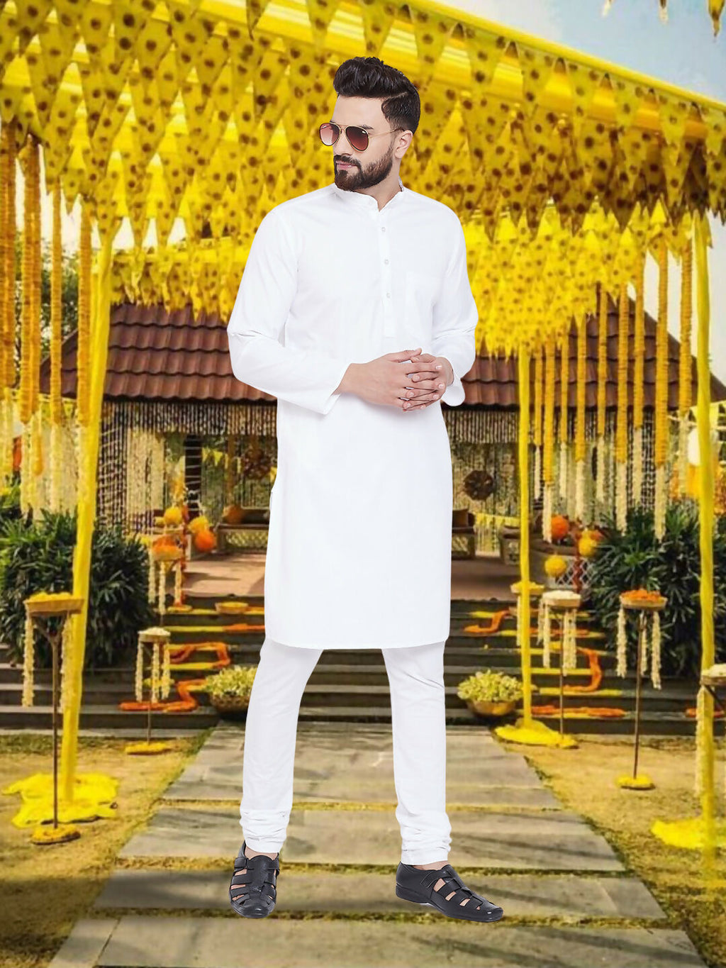 Even Apparels Men's Pure Cotton Self Design White Kurta