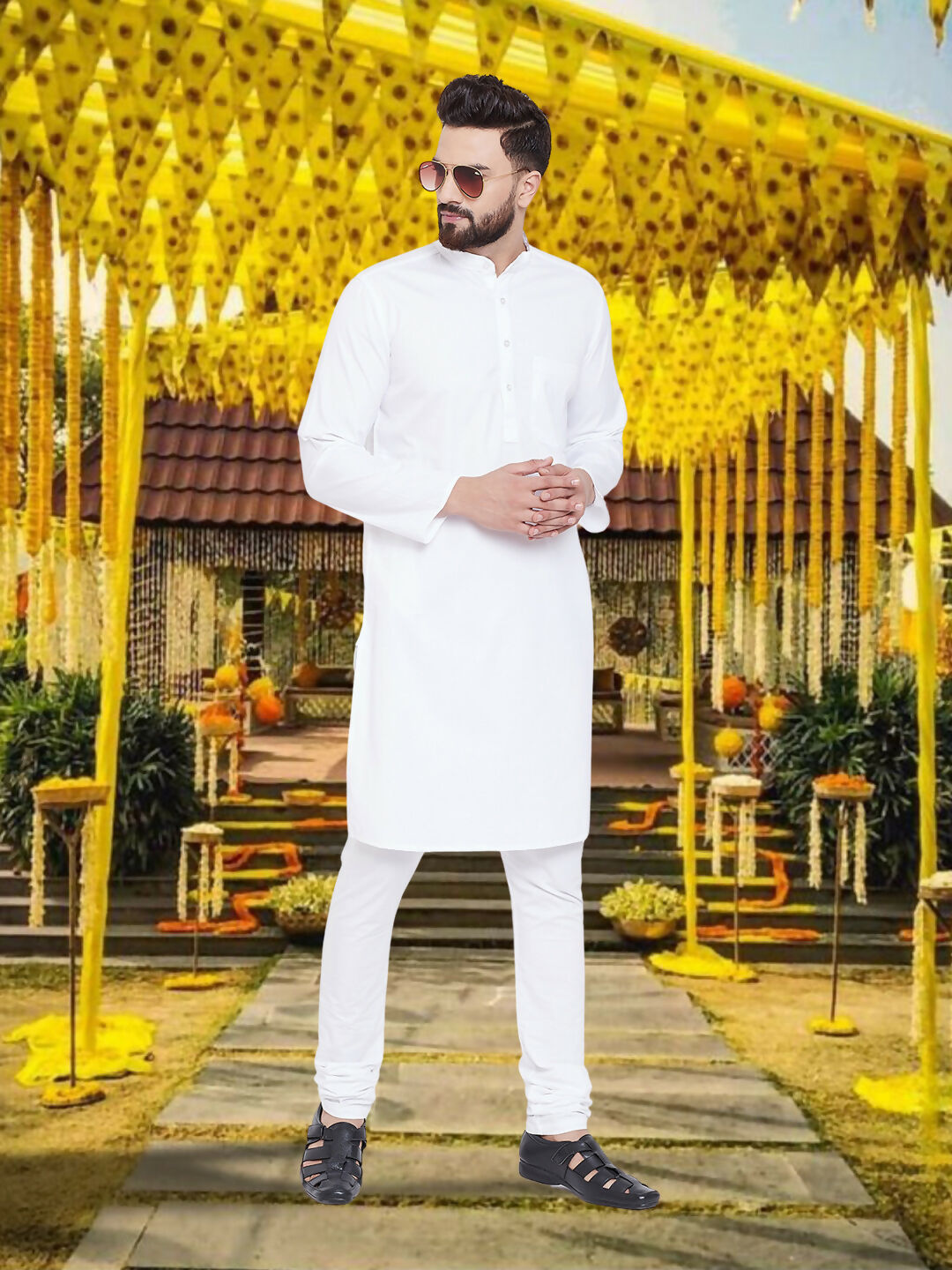 Even Apparels Men's Pure Cotton Self Design White Kurta