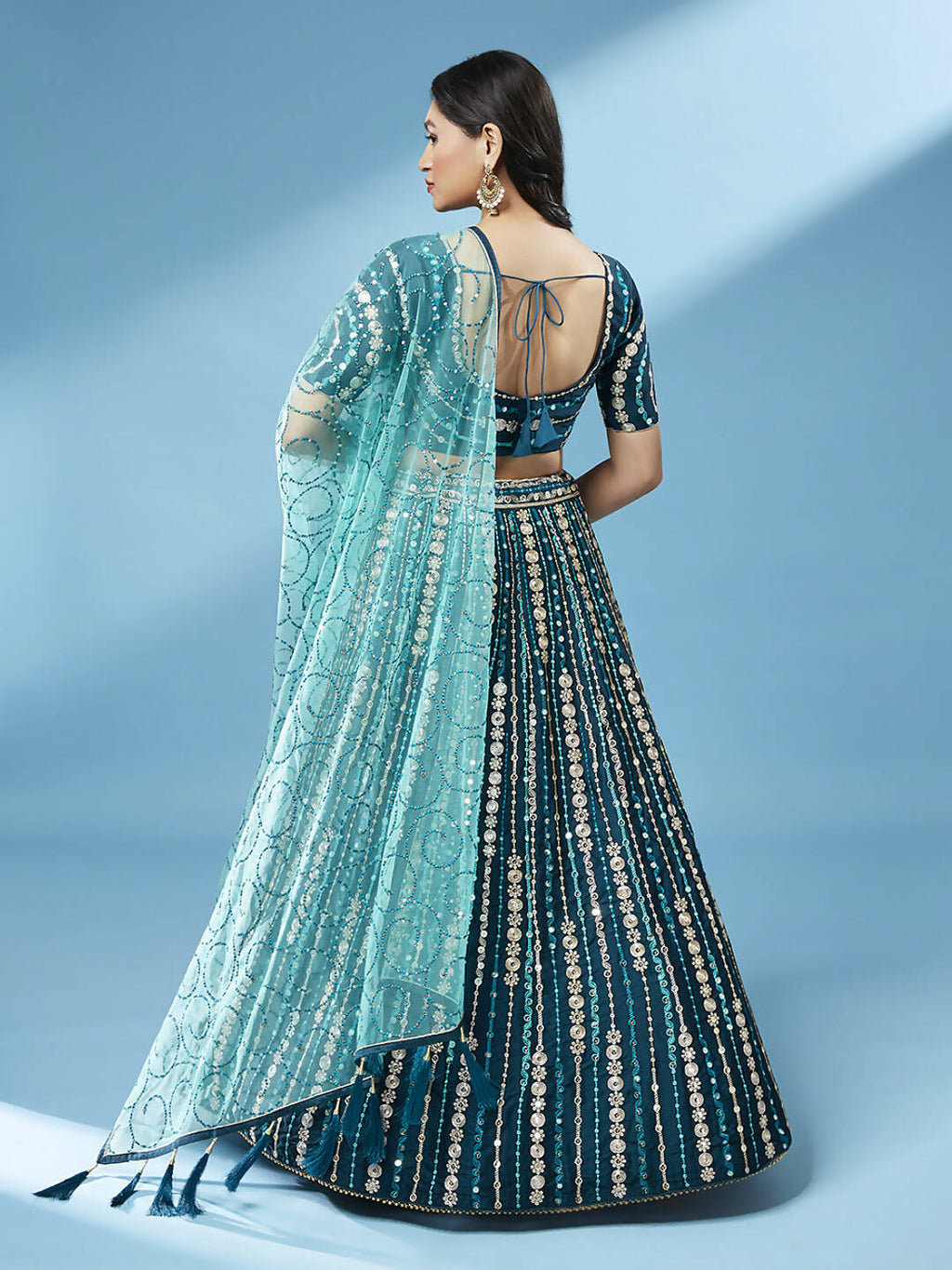 House of Panchhi Teal Pure Georgette Sequinse Work Lehenga & Blouse with Dupatta